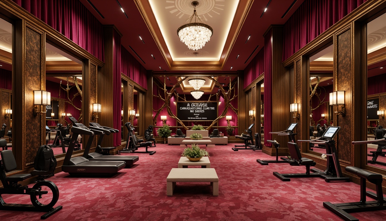 Prompt: Luxurious fitness studio, rich wood accents, ornate mirrors, gilded frames, velvet drapes, bold reds, deep purples, metallic golds, creamy whites, dramatic lighting, crystal chandeliers, opulent furnishings, intricate patterns, regal atmosphere, intense workout areas, state-of-the-art equipment, motivational quotes, lavish locker rooms, spa-inspired amenities.