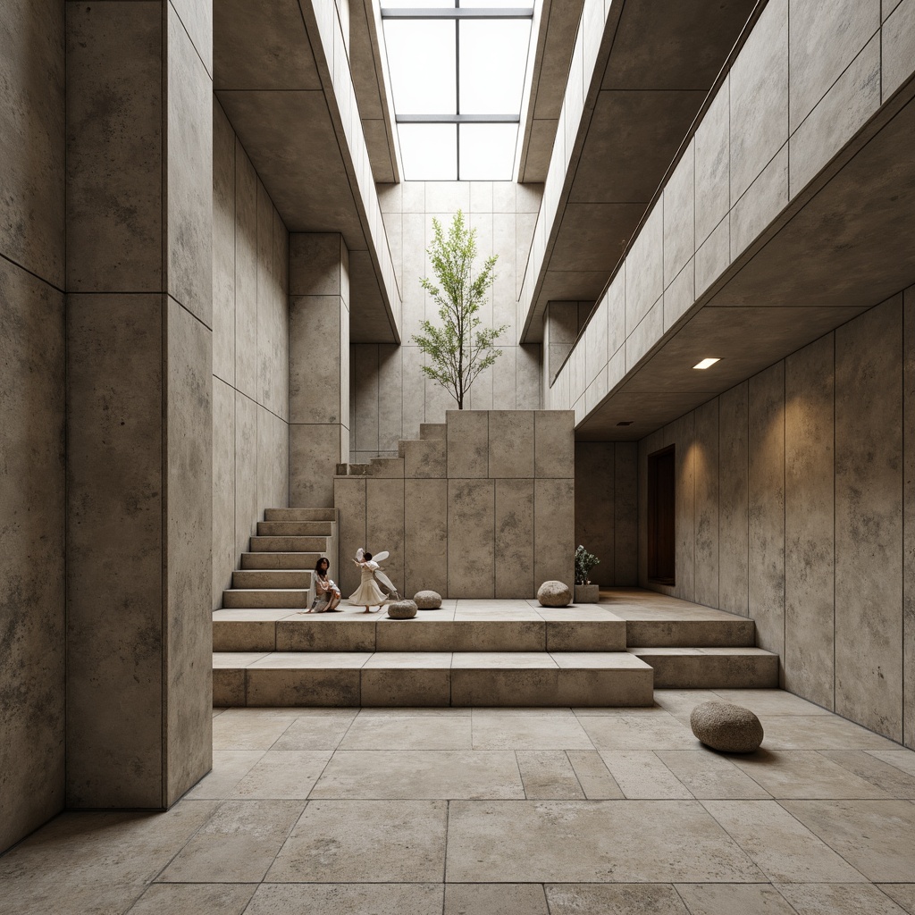 Prompt: Weathered concrete walls, rough-textured plaster finishes, earthy color palette, natural stone accents, industrial chic aesthetic, urban architectural design, brutalist influences, raw concrete columns, minimalist decor, functional simplicity, overhead skylights, diffused natural light, 3/4 composition, shallow depth of field, realistic textures.