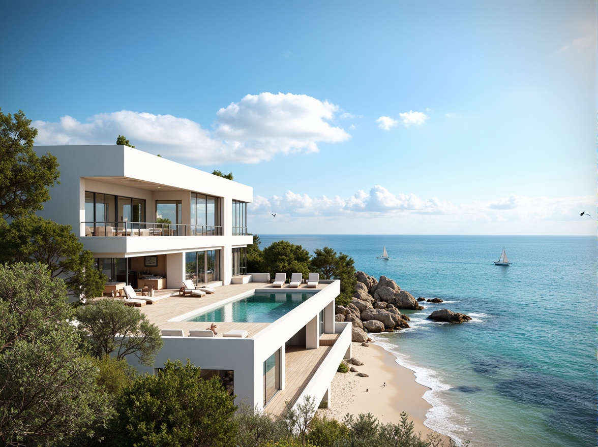 Prompt: Panoramic ocean views, luxurious coastal villa, modern minimalist architecture, floor-to-ceiling glass windows, sliding doors, spacious balconies, outdoor seating areas, nautical-themed decor, coral-inspired color palette, sandy beach terrain, rocky coastline, crystal-clear waters, sailboats, seagulls, sunny day, soft warm lighting, shallow depth of field, 3/4 composition, realistic water textures, ambient occlusion.