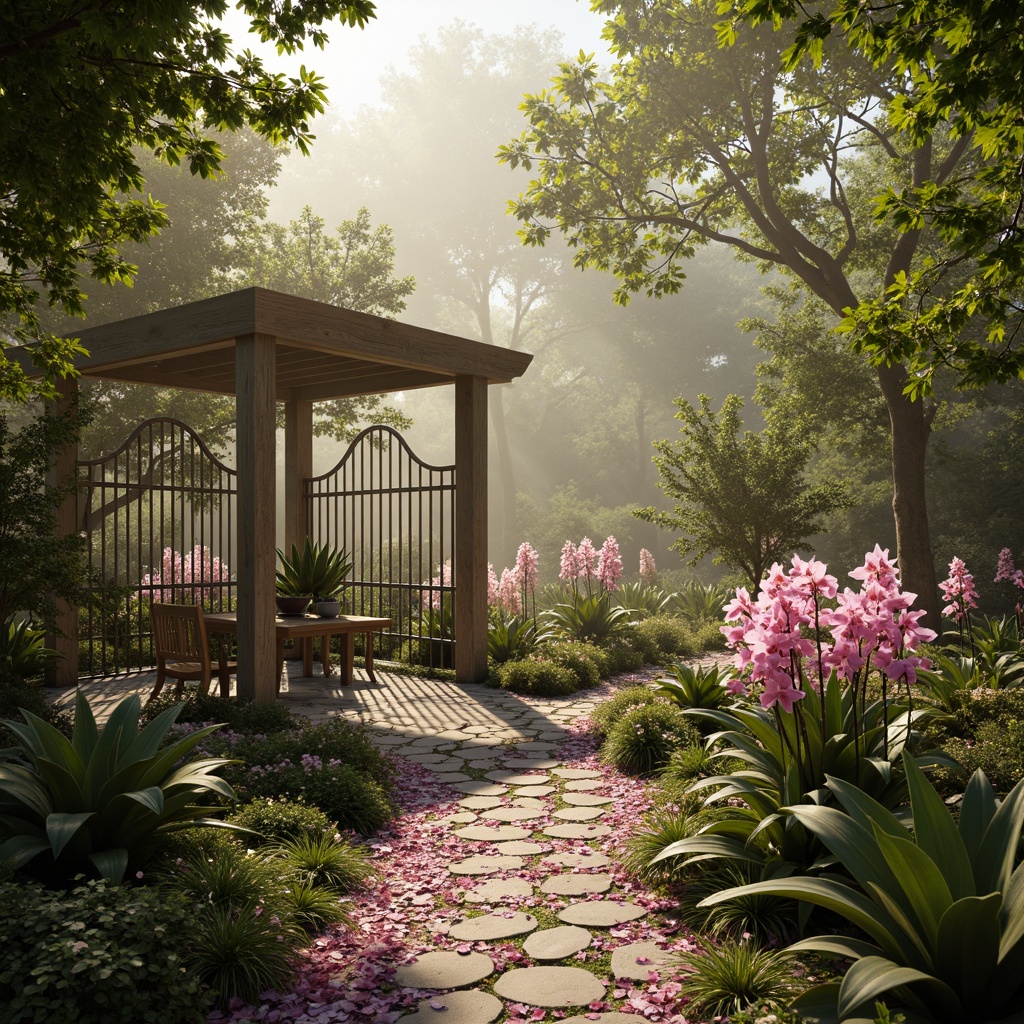 Prompt: Ethereal orchid-inspired botanical garden, soft pastel hues, delicate petals, lush greenery, intricate flower patterns, subtle shimmering effects, warm golden lighting, shallow depth of field, 1/1 composition, realistic textures, ambient occlusion, natural stone pathways, elegant wrought iron gates, whimsical trellises, vintage distressed wood accents, romantic misty atmosphere.