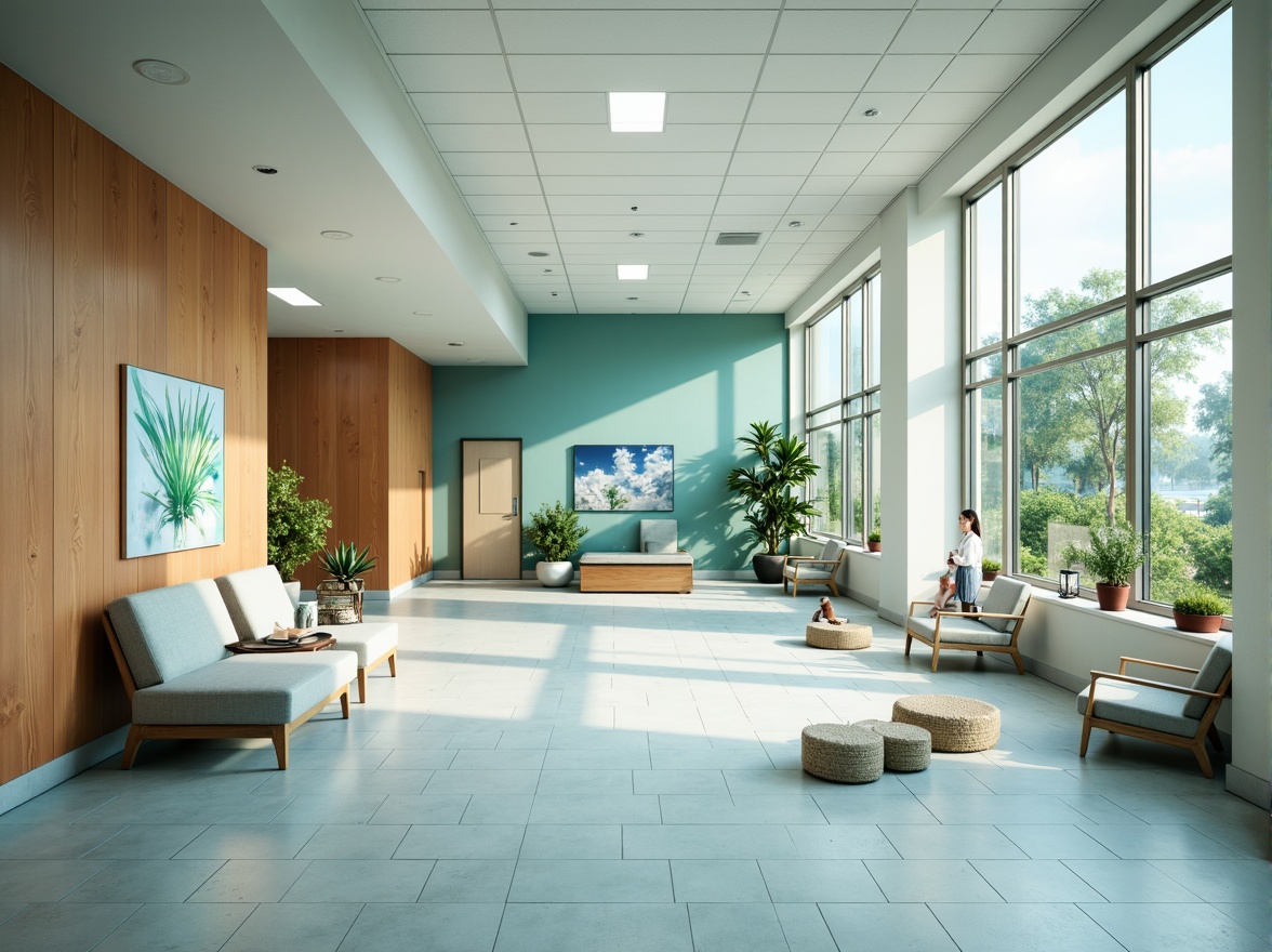 Prompt: Soothing healthcare center, calming blue tones, gentle green hues, warm beige accents, natural wood textures, minimalist decor, soft pastel colors, comforting lighting, serene atmosphere, peaceful waiting areas, ergonomic furniture, accessible design, clear signage, modern medical equipment, sterile surfaces, calming nature-inspired artwork, airy open spaces, abundant natural light, shallow depth of field, 1/2 composition, realistic textures.