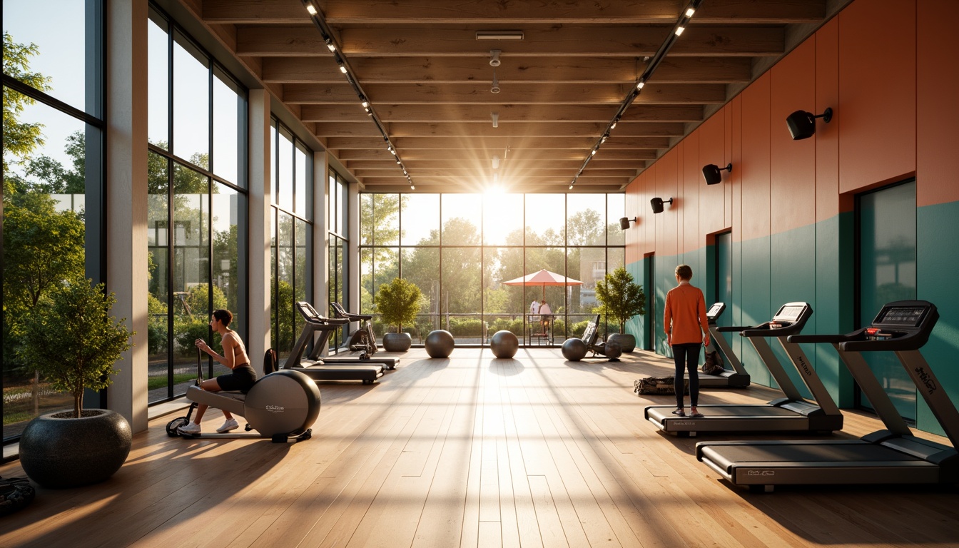 Prompt: Vibrant fitness club interior, expansive windows, abundant natural light, sleek modern equipment, wooden floors, minimalistic decor, calming color palette, refreshing ambiance, morning sunlight, soft warm glow, shallow depth of field, 1/1 composition, realistic textures, ambient occlusion.