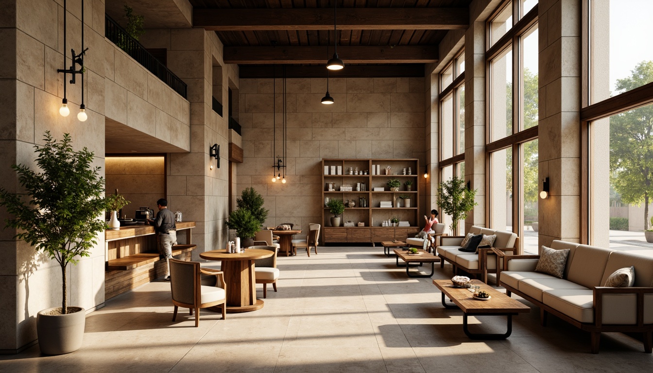 Prompt: Modern coffee shop interior, limestone walls, warm beige tones, natural textures, industrial chic decor, metal accents, reclaimed wood furniture, minimalist lighting fixtures, comfortable seating areas, cozy atmosphere, soft warm lighting, shallow depth of field, 3/4 composition, realistic textures, ambient occlusion.