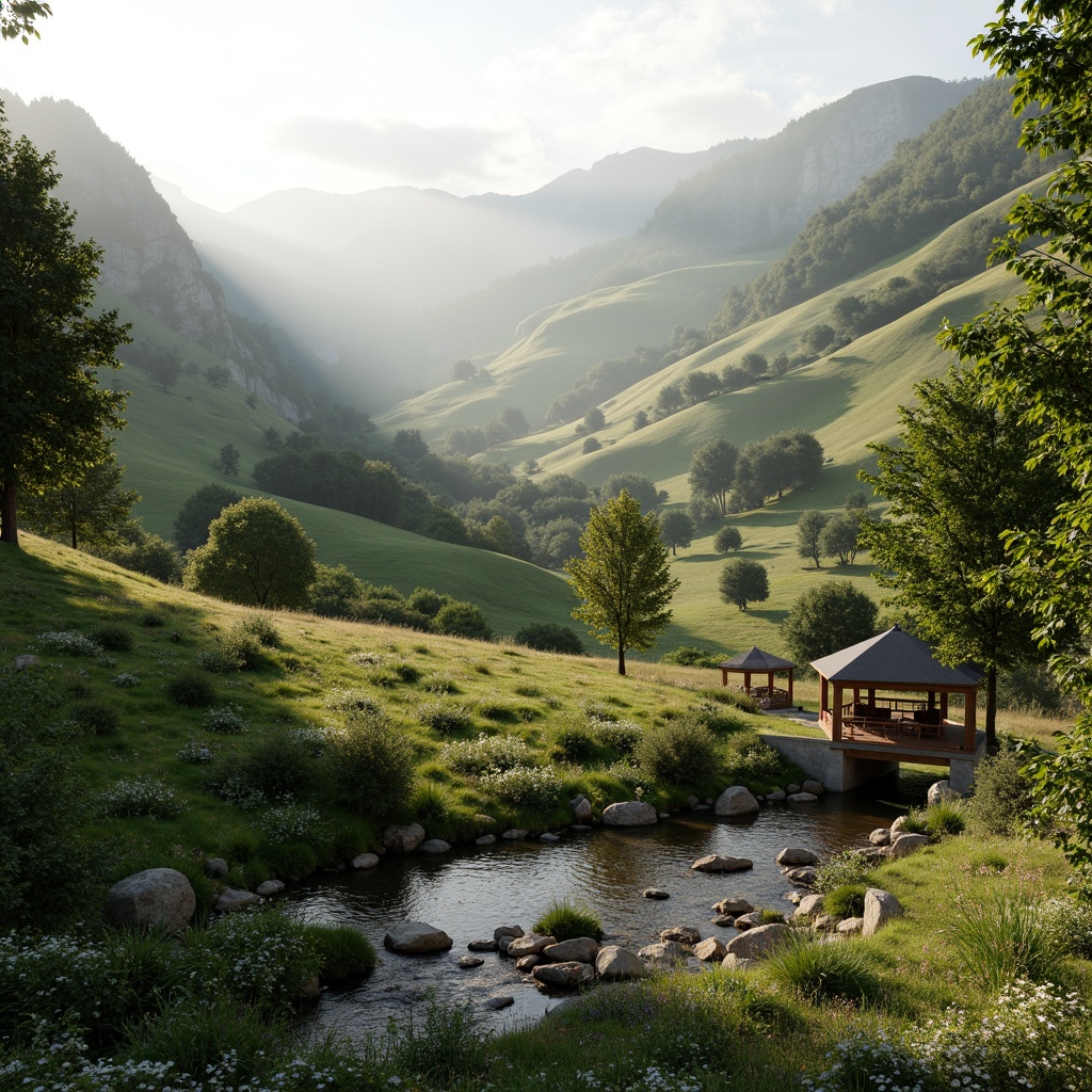 Prompt: Serene valley landscape, lush green meadows, rolling hills, winding streams, rustic stone bridges, wooden gazebos, wildflowers, majestic trees, misty morning atmosphere, soft warm lighting, shallow depth of field, 3/4 composition, panoramic view, realistic textures, ambient occlusion, natural rock formations, earthy tones, organic shapes, harmonious integration with the surroundings, blending architecture, eco-friendly materials, sustainable design principles.