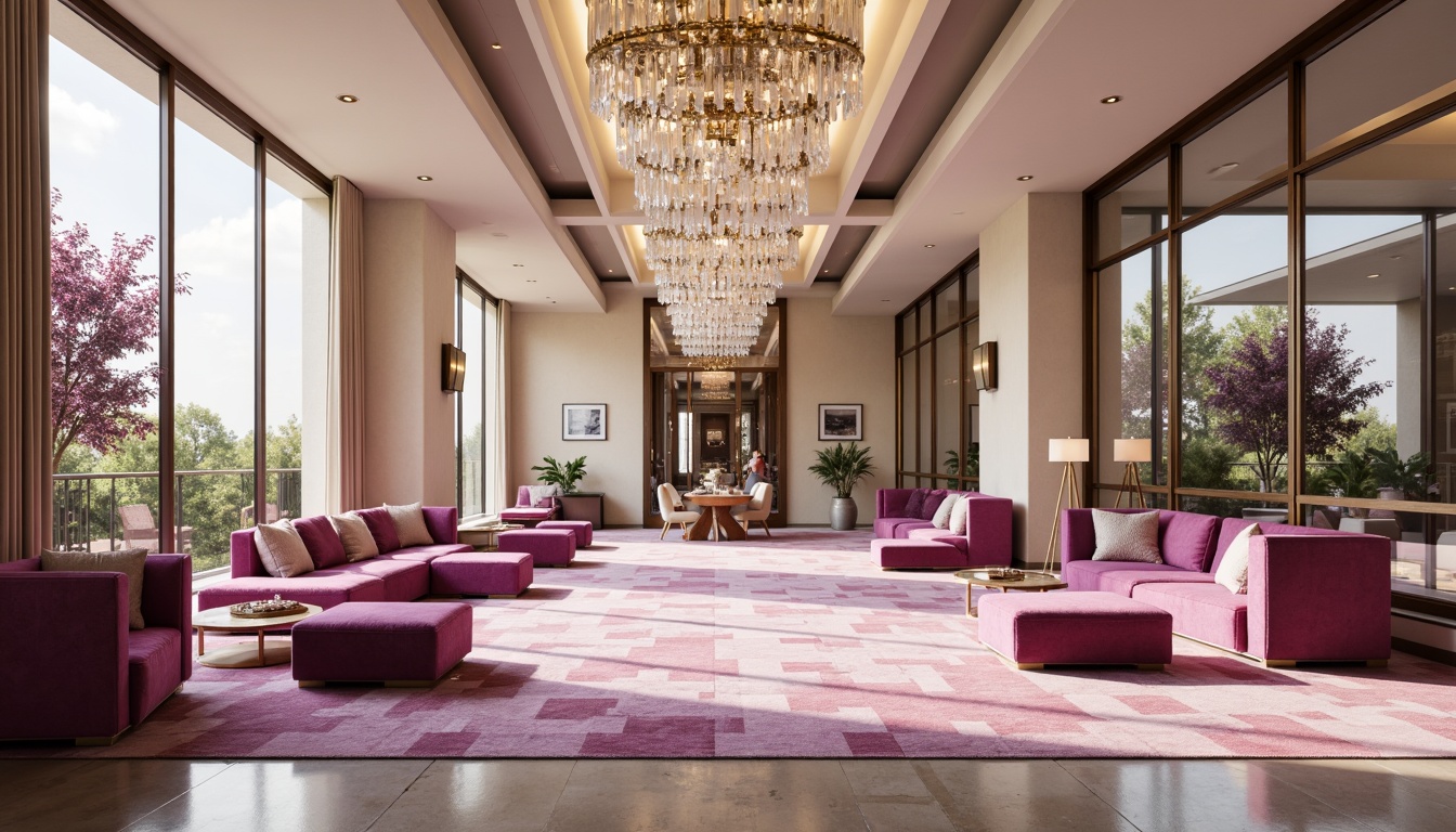 Prompt: Elegant orchid hues, soft pink undertones, rich plum accents, creamy whites, warm beige backgrounds, subtle golden highlights, luxurious velvet textures, ornate metal fixtures, opulent crystal chandeliers, lavish furnishings, sophisticated modern architecture, expansive open spaces, dramatic floor-to-ceiling windows, abundant natural light, shallow depth of field, 2/3 composition, soft focus, atmospheric lighting.