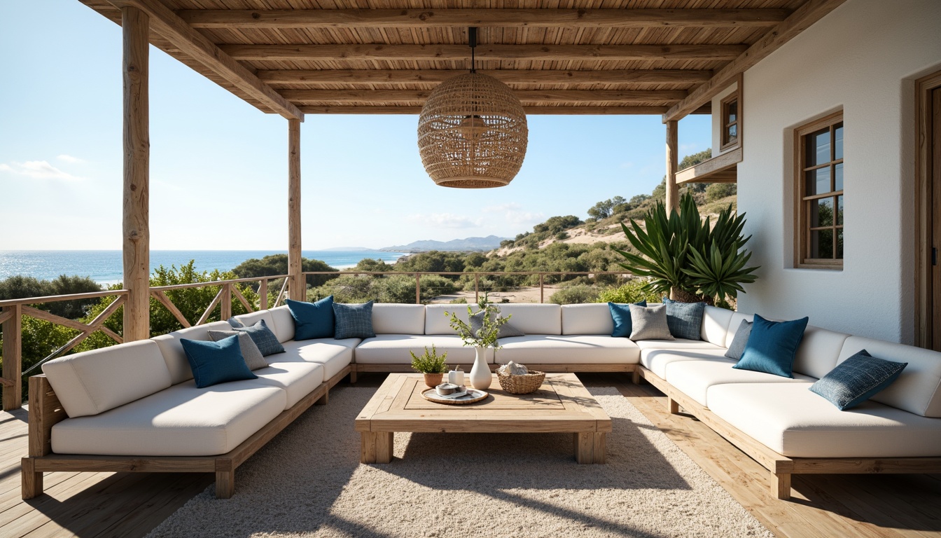 Prompt: Calm seaside villa, sapphire blue accents, soft creamy whites, weathered wooden textures, driftwood furniture, coral-inspired patterns, ocean breeze, salty air, seashell decorations, lush greenery, beachy dunes, sunny day, warm golden lighting, shallow depth of field, 1/2 composition, realistic render, ambient occlusion.