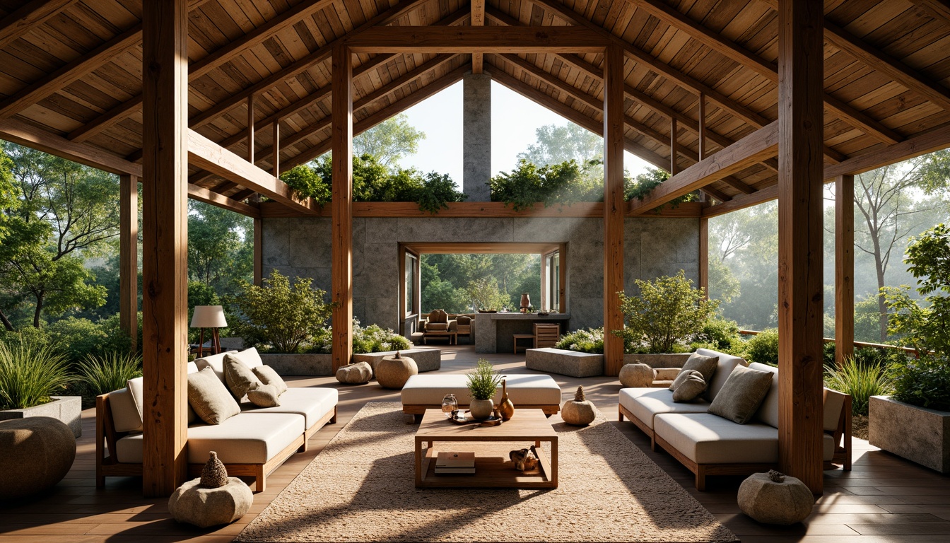 Prompt: Earth-toned cabin, reclaimed wood accents, natural stone walls, living roofs, lush greenery, organic shapes, earthy color palette, wooden furniture, woven textiles, rattan decor, bamboo flooring, vaulted ceilings, large windows, soft warm lighting, shallow depth of field, 3/4 composition, panoramic view, realistic textures, ambient occlusion.