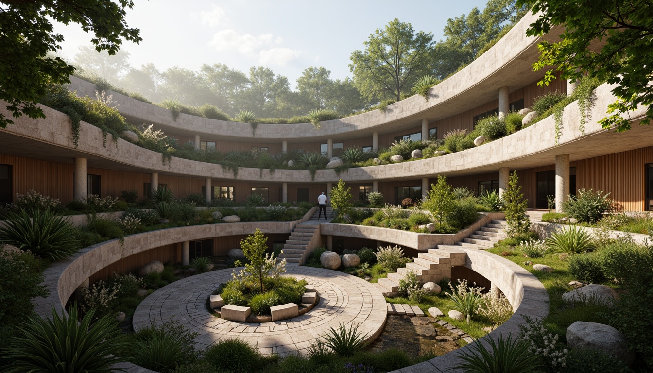 Prompt: Curved organic theater, undulating walls, natural stone fa\u00e7ade, living green roofs, botanical gardens, cascading water features, reclaimed wood accents, earthy color palette, soft warm lighting, misty atmosphere, shallow depth of field, 1/1 composition, panoramic view, realistic textures, ambient occlusion.