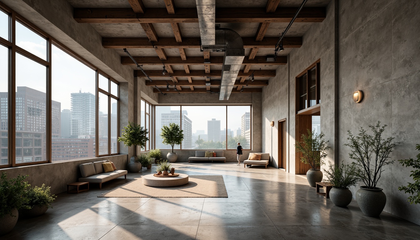 Prompt: Rustic industrial building, rough plastered concrete walls, exposed ductwork, metal beams, reclaimed wood accents, polished concrete floors, modern minimalist decor, abundant natural light, floor-to-ceiling windows, urban cityscape views, misty morning atmosphere, softbox lighting, shallow depth of field, 2/3 composition, realistic textures, ambient occlusion.