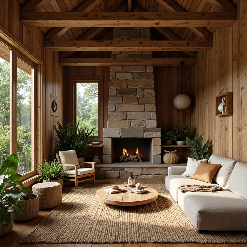 Prompt: Earth-toned cabin, reclaimed wooden walls, natural stone fireplace, earthy scent, lush greenery, organic textures, woven bamboo furniture, rattan accents, jute rugs, linen upholstery, minimalist decor, warm soft lighting, cozy atmosphere, 1/1 composition, shallow depth of field, realistic wood grain, subtle color palette.