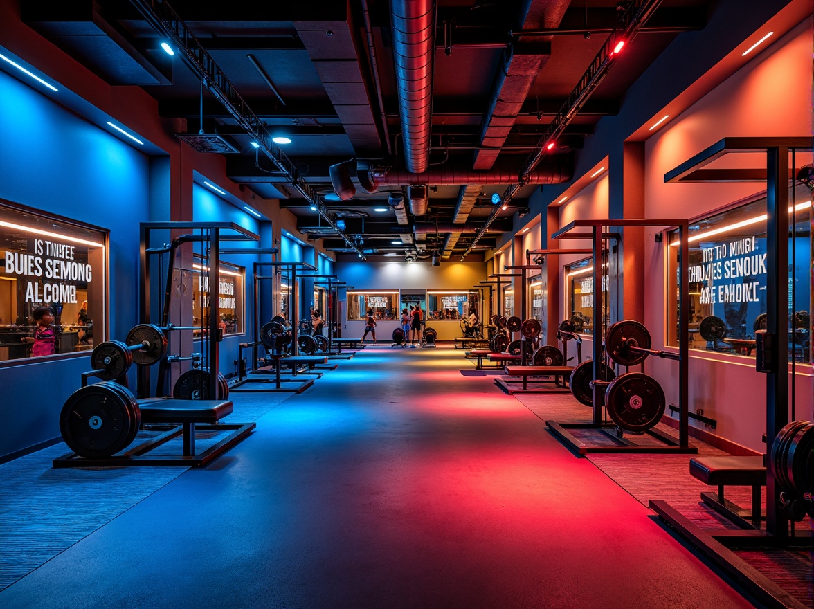 Prompt: Vibrant gym interior, bold color scheme, energetic atmosphere, dynamic lighting, motivational quotes, modern equipment, sleek metal frames, rubber flooring, mirrored walls, intense blue accents, fiery red undertones, neutral beige backgrounds, contrasting yellow highlights, high-contrast shadows, dramatic spotlights, 1/2 composition, shallow depth of field, realistic textures, ambient occlusion.