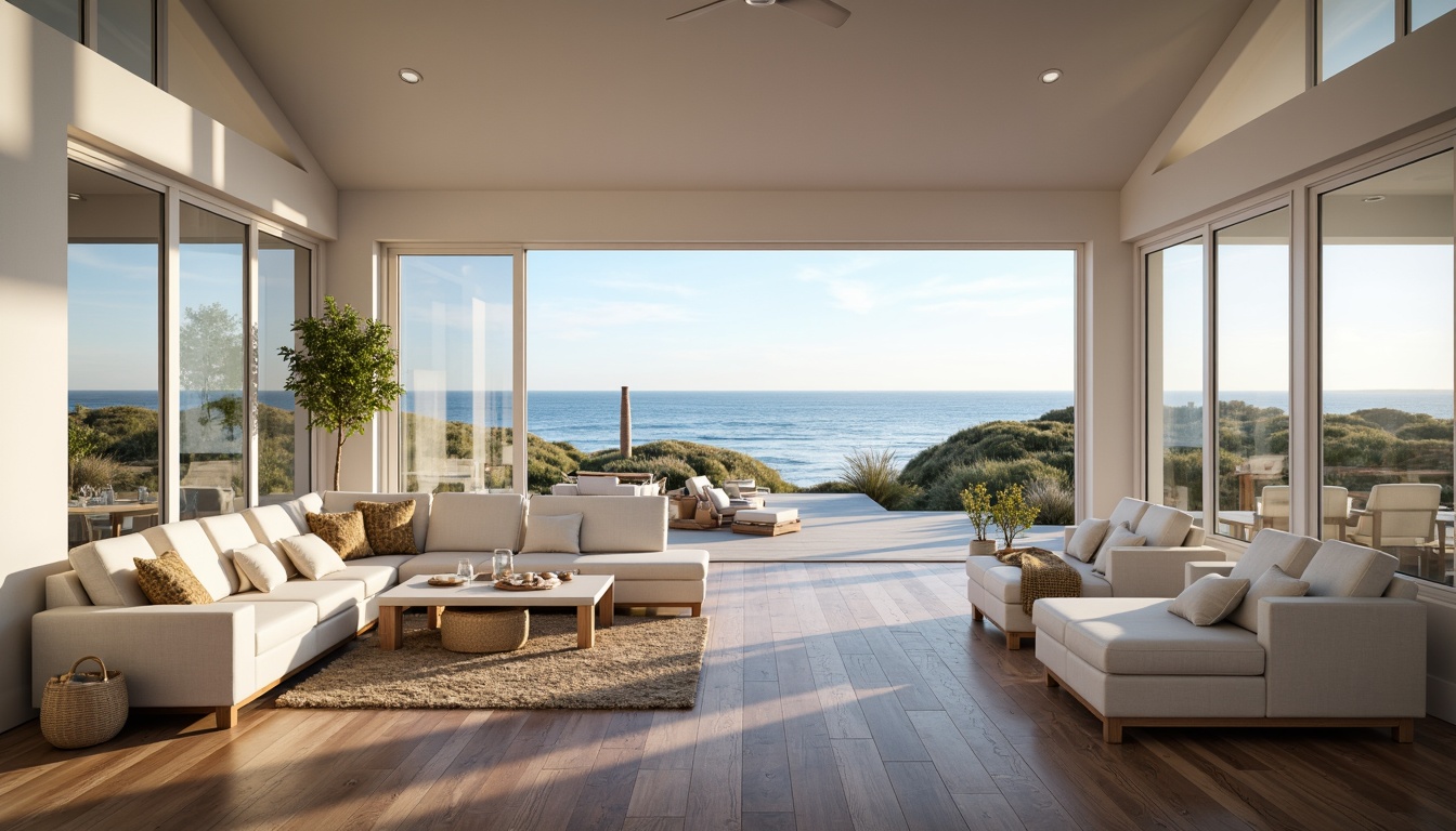 Prompt: Seaside villa, large windows, sliding glass doors, minimal obstructions, open floor plan, high ceilings, reflective white walls, polished wooden floors, beachy decor, nautical accents, ocean views, abundant natural light, soft warm glow, shallow depth of field, 1/1 composition, panoramic view, realistic textures, ambient occlusion, coastal scenery, sandy dunes, sea grass, driftwood, seashells, gentle ocean breeze, clear blue sky.