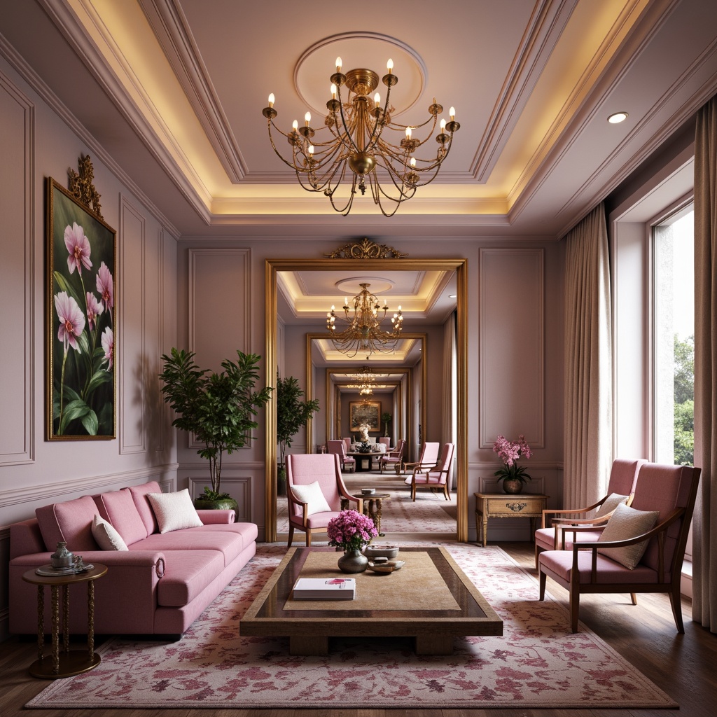 Prompt: Luxurious interior design, orchid-inspired hues, soft pastel shades, elegant furnishings, velvety smooth textures, subtle sheen, warm ambient lighting, rich wood accents, metallic gold details, ornate patterns, sophisticated atmosphere, refined elegance, lavish decor, plush area rugs, statement piece artwork, lavish floral arrangements, opulent chandeliers, dramatic ceiling fixtures.