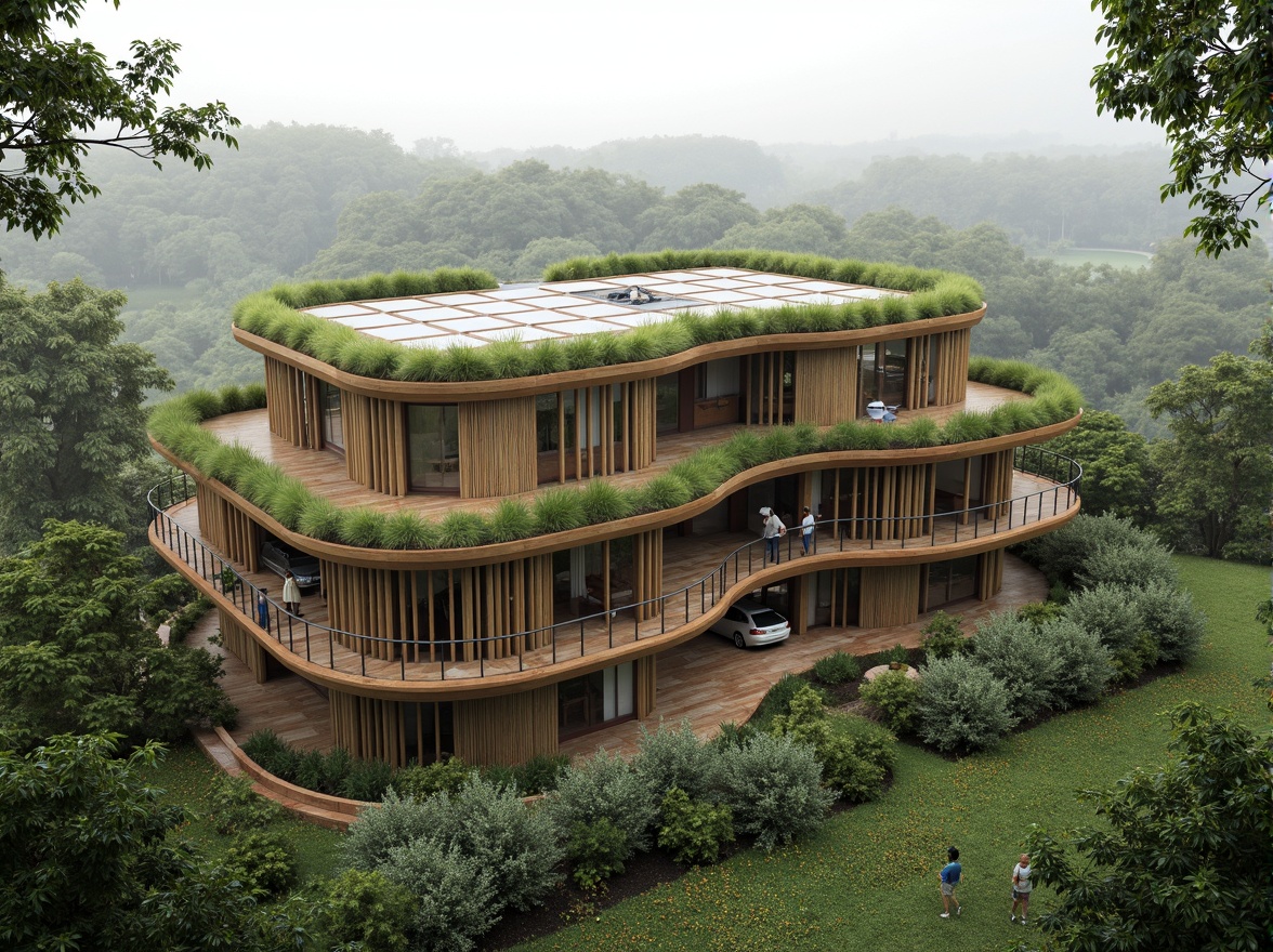 Prompt: Eco-friendly building, recycled materials, bamboo facade, solar panels, green roofs, living walls, rainwater harvesting systems, low-carbon footprint, energy-efficient design, natural ventilation, reclaimed wood accents, organic forms, curvaceous lines, earthy color palette, lush vegetation, misty atmosphere, soft diffused lighting, shallow depth of field, 1/1 composition, realistic textures, ambient occlusion.