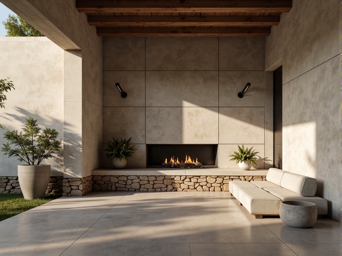 Prompt: Rustic plastered concrete walls, earthy tones, organic textures, rough-hewn stone foundations, modern industrial architecture, functional simplicity, brutalist design elements, poured concrete floors, minimalist decor, natural light, soft shadows, 3/4 composition, realistic renderings, ambient occlusion.