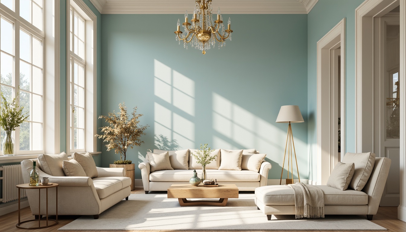 Prompt: Soft powder blue walls, creamy white trim, gentle beige furniture, subtle gold accents, elegant crystal chandeliers, luxurious velvet fabrics, serene natural lighting, shallow depth of field, 3/4 composition, panoramic view, realistic textures, ambient occlusion, spacious high ceilings, refined minimalist decor, calm atmosphere, warm afternoon sunlight.