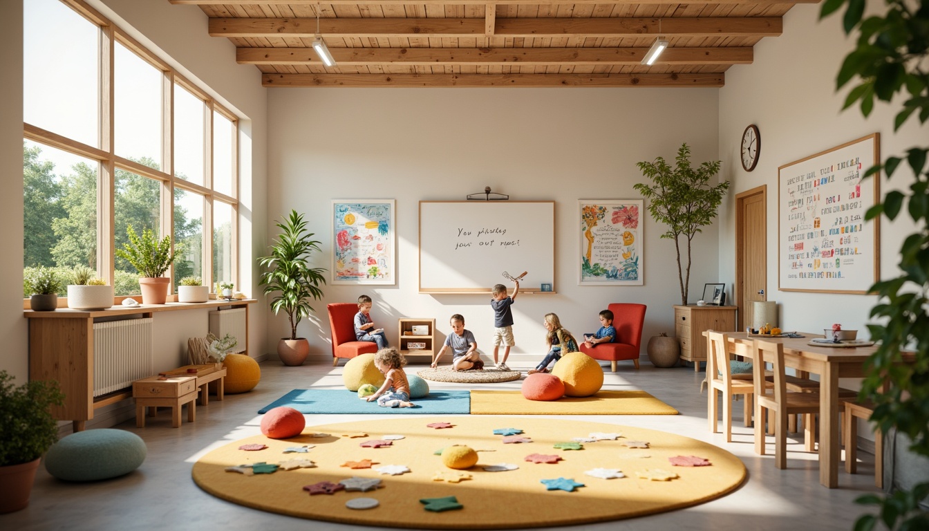 Prompt: Vibrant kindergarten interior, playful furniture, colorful soft toys, interactive whiteboards, educational wall art, cozy reading nooks, collaborative learning zones, natural wood accents, circular tables, ergonomic chairs, abundant natural light, warm beige tones, inviting atmosphere, shallow depth of field, 1/1 composition, realistic textures, ambient occlusion.