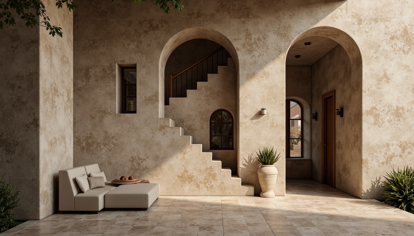 Prompt: Rustic concrete walls, textured plaster finishes, earthy color palette, natural materials, organic shapes, irregular forms, rough-hewn stone accents, warm ambient lighting, soft shadows, 1/1 composition, realistic textures, atmospheric perspective, subtle weathering effects.