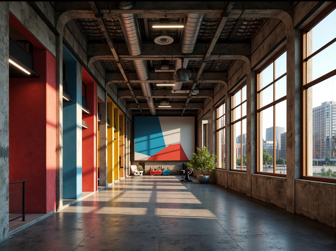 Prompt: Industrial concrete walls, exposed ductwork, metal beams, reclaimed wood accents, geometric patterns, bold color blocks, primary colors, contrasting textures, urban cityscape views, modern abstract artwork, edgy avant-garde atmosphere, dramatic high-contrast lighting, shallow depth of field, 2/3 composition, cinematic mood, gritty realistic render.