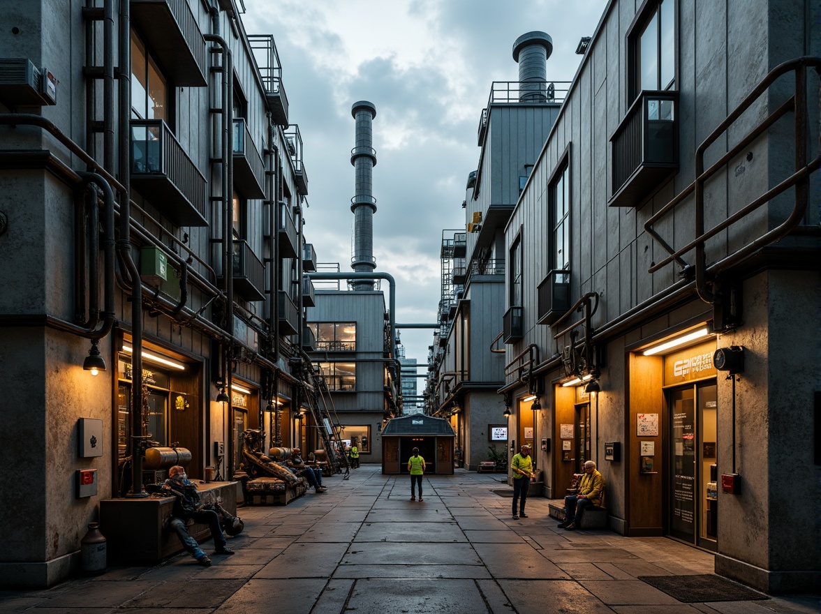 Prompt: Industrial energy plant, metallic surfaces, rugged concrete walls, steel beams, complex piping systems, futuristic machinery, bright warning signs, hazard stripes, reflective safety vests, worn-out equipment, rusty metal ladders, distressed walls, gritty urban atmosphere, cloudy industrial sky, high-contrast lighting, deep shadows, 1/2 composition, cinematic perspective, realistic materials, ambient occlusion.