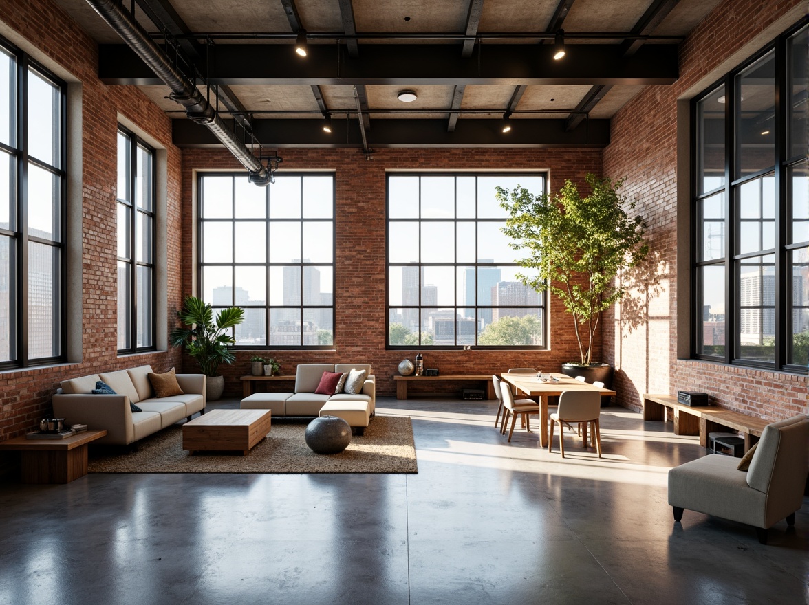 Prompt: Industrial chic loft space, exposed brick walls, metal beams, polished concrete floors, floor-to-ceiling windows, minimalist decor, urban skyline views, bright natural light, airy atmosphere, open-plan living, modern furniture, sleek lines, neutral color palette, pendant lighting, industrial-style fixtures, reclaimed wood accents, textured rugs, cozy reading nooks, soft warm glow, shallow depth of field, 1/1 composition, panoramic view, realistic textures, ambient occlusion.