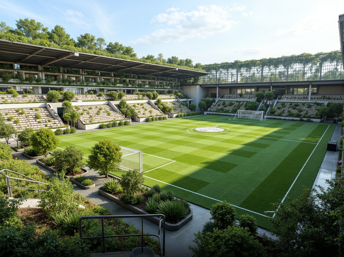 Prompt: Eco-friendly football stadium, lush green roofs, solar panels, wind turbines, rainwater harvesting systems, recycled materials, natural ventilation, large windows, transparent fa\u00e7ades, minimal carbon footprint, energy-efficient lighting, organic food waste management, composting toilets, green spaces, urban agriculture, native plant species, biodiversity conservation, bird-friendly designs, noise reduction systems, acoustic comfort, spectator seating areas, dynamic shading devices, cantilevered roofs, modern architecture, futuristic design elements, panoramic views, realistic textures, ambient occlusion.