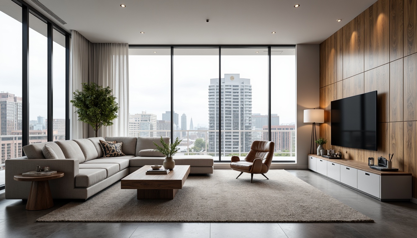 Prompt: Modern living room, sleek minimalism, neutral color palette, textured rug, comfortable sectional sofa, wooden coffee table, floor-to-ceiling windows, natural light, urban city view, functional storage units, hidden LED lighting, metallic accents, geometric patterns, 1/1 composition, softbox lighting, ambient occlusion.