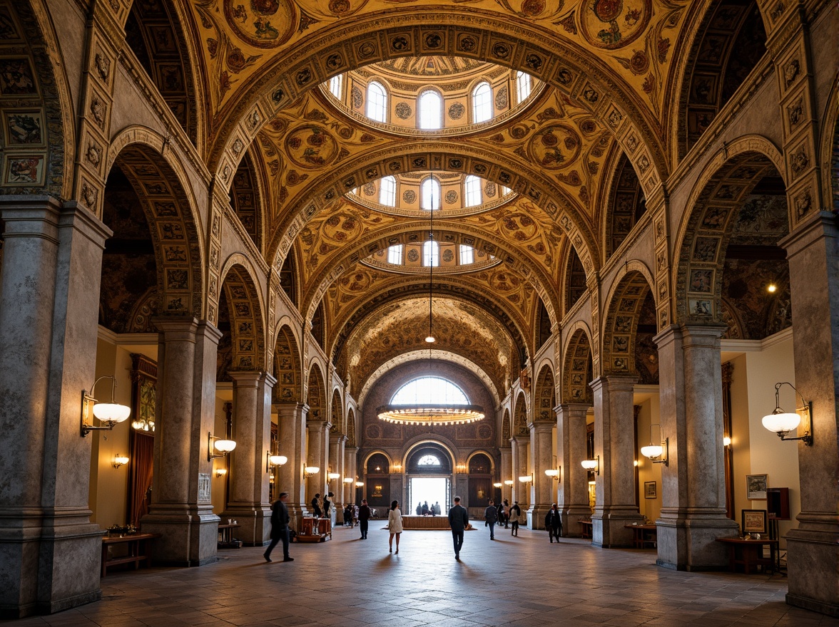 Prompt: Intricate Byzantine arches, ornate stone carvings, golden mosaics, domed structures, grand cathedrals, sacred spaces, ornamental columns, vaulted ceilings, decorative capitals, rustic stone walls, rich textiles, vibrant frescoes, soft warm lighting, 1/1 composition, central perspective, realistic textures, ambient occlusion.