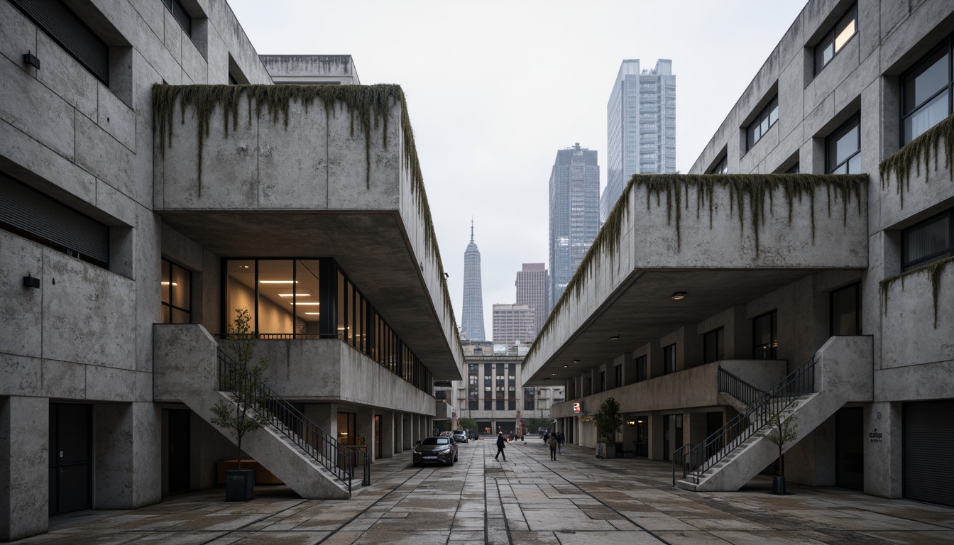 Prompt: Raw concrete textures, rugged brutalist architecture, fortress-like structures, dramatic cantilevered volumes, fortress-like walls, urban cityscape, overcast skies, harsh geometric forms, monumental scale, industrial materials, exposed ductwork, poured-in-place concrete, bold angular lines, minimalist ornamentation, cold institutional atmosphere, high-contrast lighting, deep shadows, 1/1 composition, symmetrical framing, dramatic chiaroscuro.