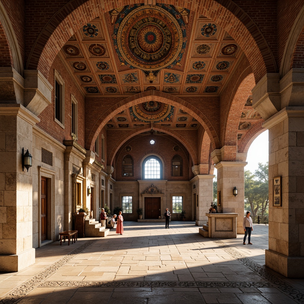 Prompt: Ancient Byzantine church, intricately patterned brickwork, ornate stone carvings, vibrant mosaic tiles, grand dome structures, arched windows, ornamental columns, rustic stone walls, richly textured facades, warm golden lighting, dramatic shadows, 1/1 composition, realistic textures, ambient occlusion.