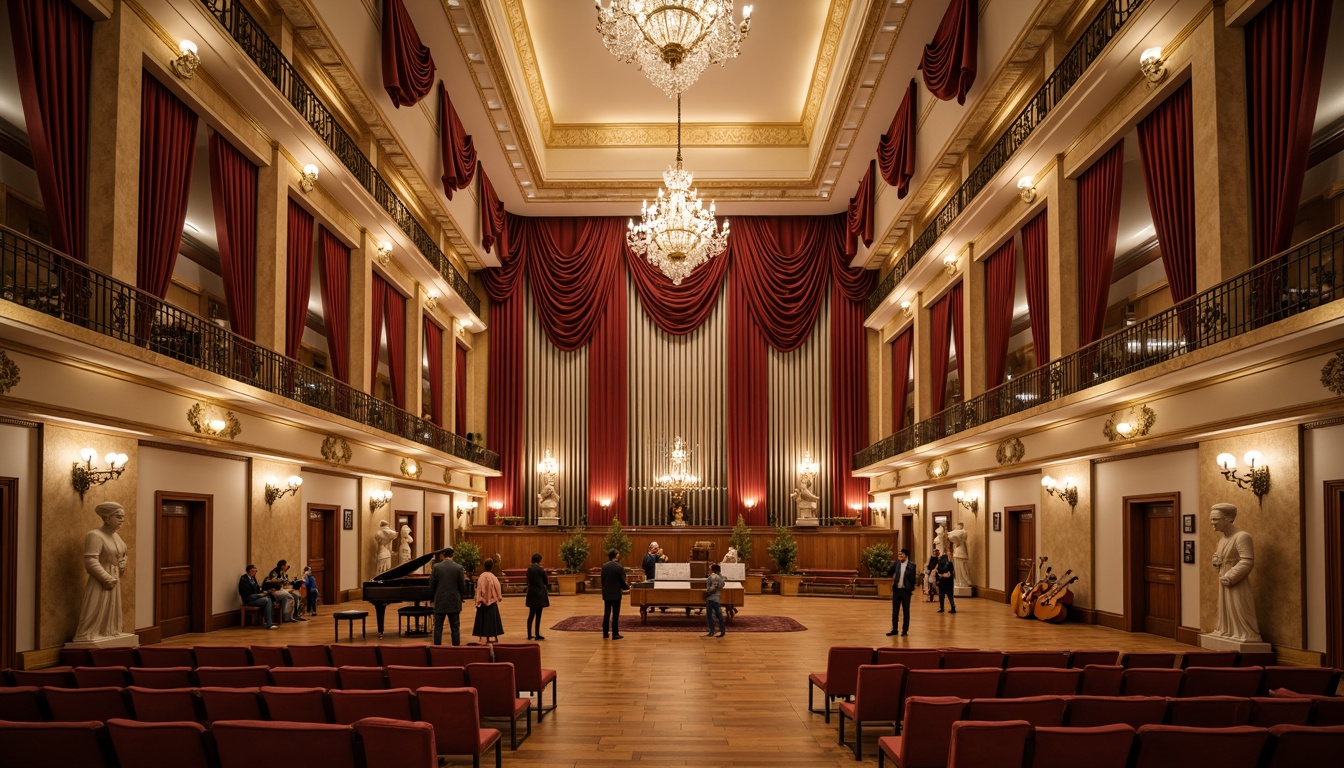 Prompt: Elegant concert hall, ornate chandeliers, rich velvet curtains, polished wooden floors, grand pianos, intricate moldings, golden accents, luxurious seating areas, refined acoustic panels, soft warm lighting, shallow depth of field, 3/4 composition, symmetrical balance, opulent drapes, classic columns, marble statues, vintage music instruments, warm beige tones, sophisticated ambiance, realistic textures, ambient occlusion.