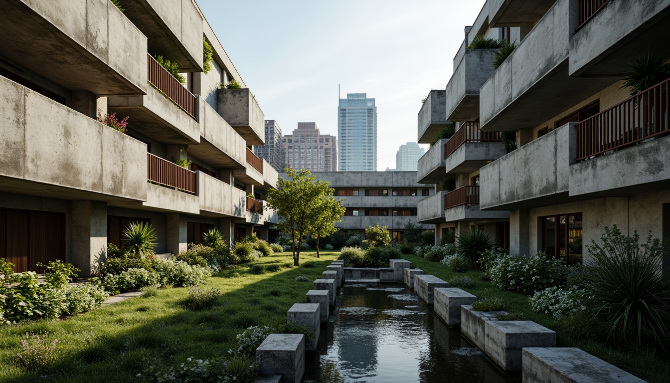 Prompt: Rugged brutalist buildings, raw concrete textures, fortress-like structures, urban landscape integration, green roof systems, living walls, cascading water features, natural stone accents, reclaimed wood elements, overgrown vegetation, abandoned industrial sites, gritty urban atmosphere, dramatic lighting effects, low-angle photography, cinematic composition, muted color palette, contrasting materiality, harmonious juxtaposition of nature and architecture.