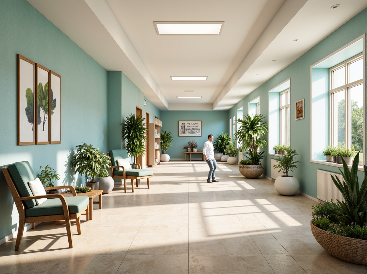 Prompt: Calming rehabilitation center, soothing color scheme, pale blue walls, creamy white accents, warm beige flooring, natural wood tones, comfortable seating areas, lush greenery, vibrant flowers, abundant daylight, soft diffused lighting, serene atmosphere, gentle curves, rounded shapes, calming patterns, non-institutional feel, uplifting artwork, motivational quotes, relaxing music, peaceful ambiance, spacious corridors, ample natural light, minimal clutter, easy navigation, clear signage, accessible facilities.