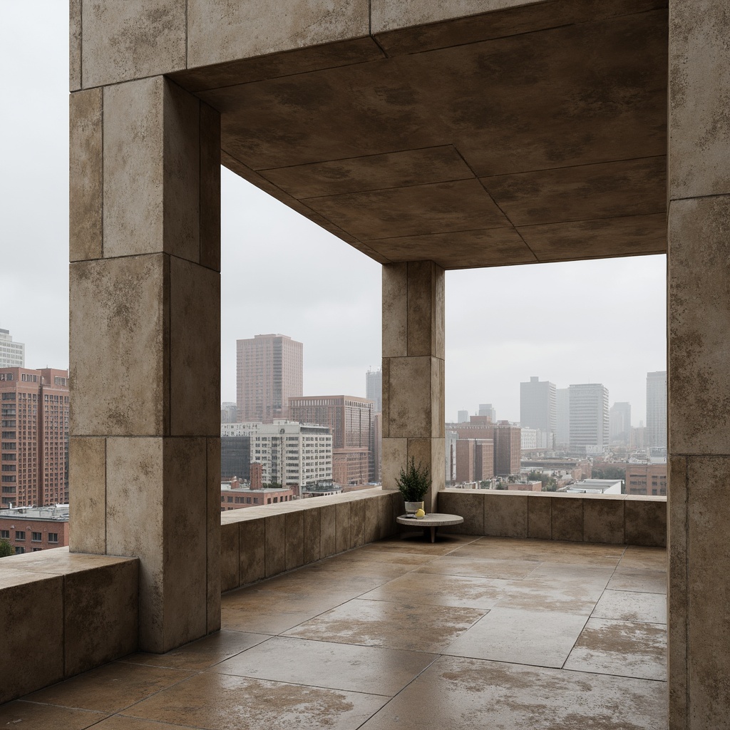 Prompt: Rustic plastered concrete walls, earthy tone, rough texture, industrial-chic aesthetic, modern brutalist architecture, urban landscape, cityscape background, overcast sky, soft diffused lighting, shallow depth of field, 2/3 composition, realistic rendering, ambient occlusion, subtle color palette.