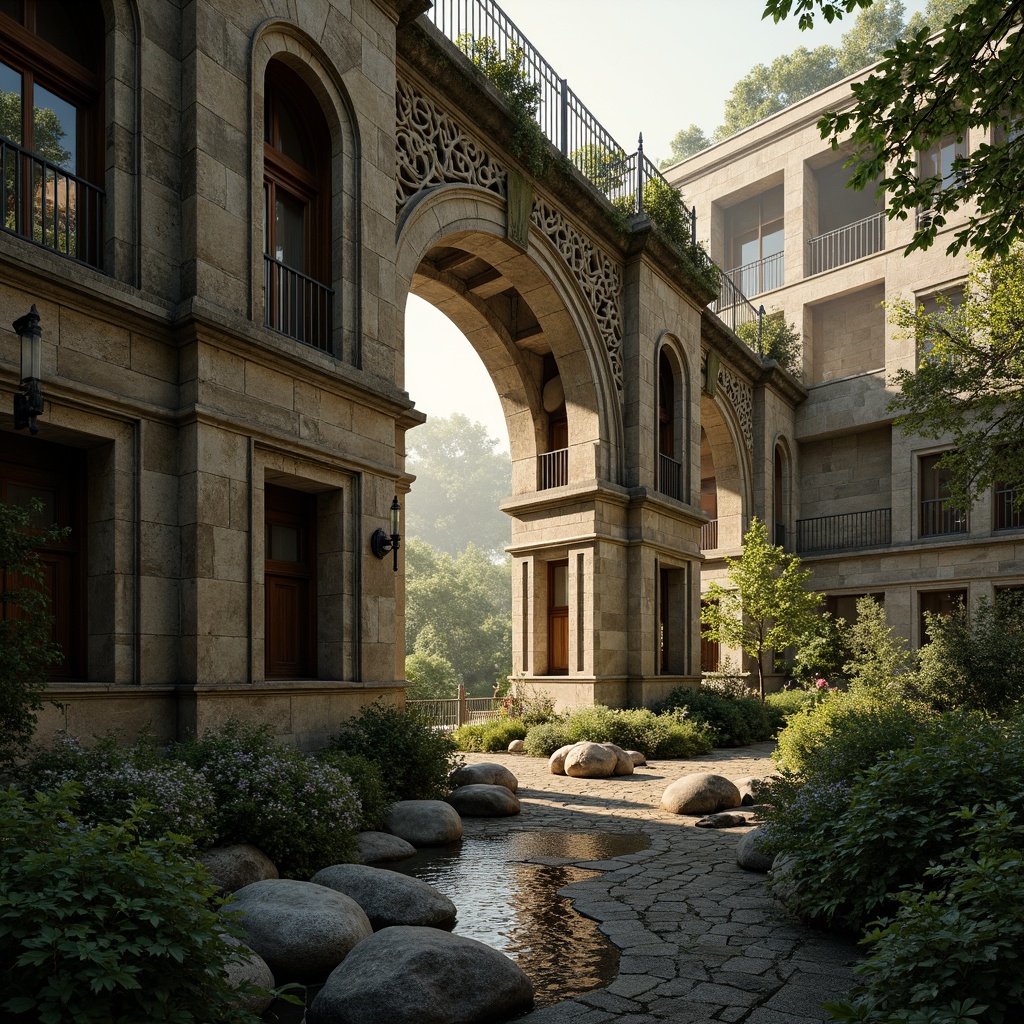 Prompt: Intricate stone carvings, ornate arches, rustic stonework, meandering waterways, ancient bridge structures, majestic piers, imposing abutments, weathered stonework, moss-covered walls, lush vegetation, serene atmosphere, warm golden lighting, soft focus, shallow depth of field, 1/2 composition, symmetrical framing, realistic textures, ambient occlusion.