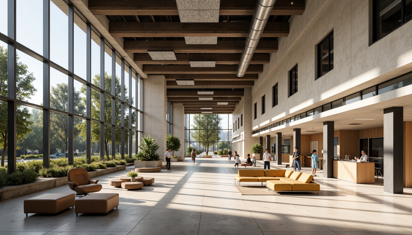 Prompt: Modern office building, sleek glass facade, angular steel beams, cantilevered rooflines, minimalist interior design, polished concrete floors, industrial chic aesthetic, exposed ductwork, geometric column patterns, natural light pouring in, warm beige color scheme, professional atmosphere, shallow depth of field, 1/2 composition, realistic textures, ambient occlusion.