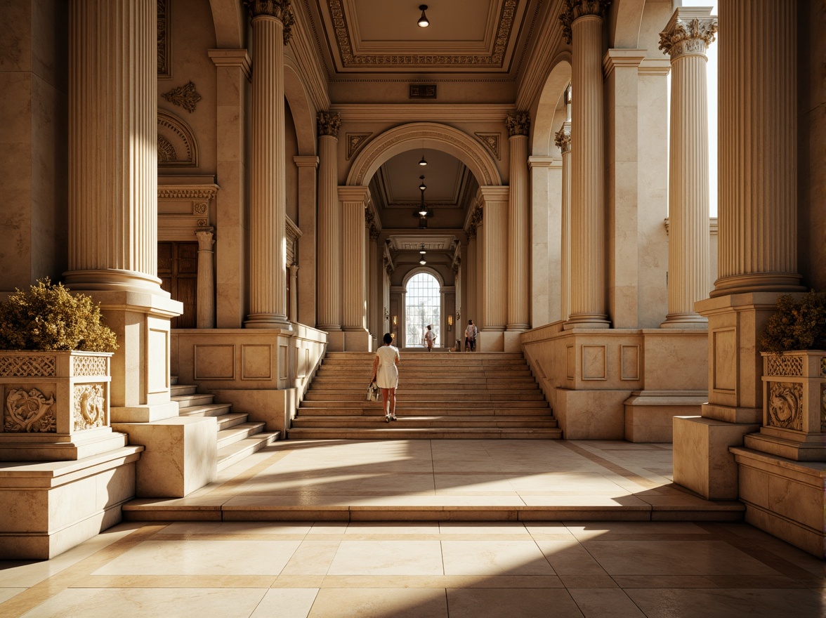 Prompt: Grand neoclassical building, towering columns, ornate capitals, fluted shafts, classical pediments, symmetrical facade, rusticated base, grand staircase, sweeping arches, intricate moldings, polished marble floors, high ceilings, natural light pouring through, dramatic shadows, warm beige stone walls, ornate metalwork, subtle color palette, soft chiaroscuro lighting, shallow depth of field, 1/2 composition, classic perspective, realistic textures, ambient occlusion.