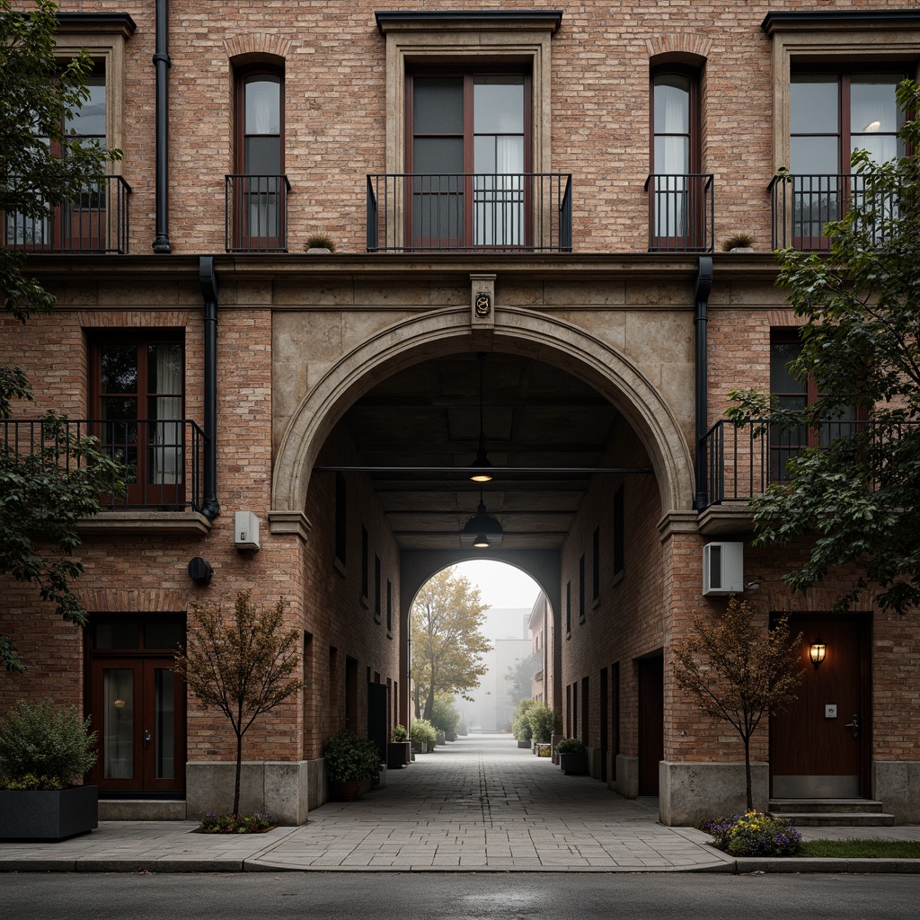 Prompt: Rustic warehouse facade, Romanesque arches, weathered brick walls, distressed metal accents, industrial chic aesthetic, exposed ductwork, reclaimed wood textures, earthy color palette, natural stone foundations, ornate ironwork details, grand entranceways, symmetrical composition, dramatic lighting effects, low-key shadows, atmospheric fog, 1/2 composition, cinematic view, realistic materiality, subtle ambient occlusion.