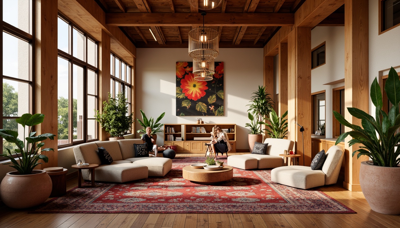 Prompt: Vibrant community center, warm wooden accents, natural stone walls, cozy fabric furnishings, eclectic art pieces, cultural patterned rugs, richly stained wood floors, earthy terracotta planters, lush greenery, modern minimalist lighting, soft warm glow, shallow depth of field, 3/4 composition, realistic textures, ambient occlusion.