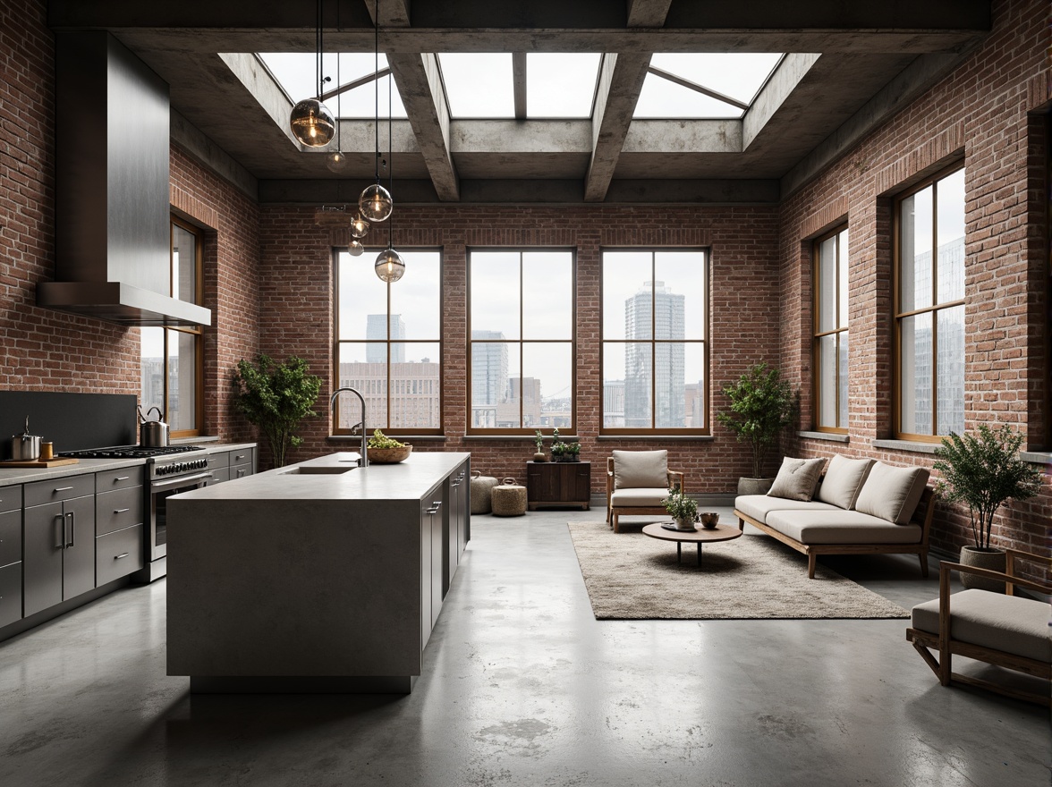 Prompt: Industrial chic loft space, exposed brick walls, polished concrete floors, minimalist decor, floor-to-ceiling windows, clerestory windows, skylights, open-plan living area, modern kitchen island, high-gloss cabinets, stainless steel appliances, pendant lighting, reclaimed wood accents, metal beams, urban cityscape views, cloudy day, soft diffused light, shallow depth of field, 1/1 composition, realistic textures, ambient occlusion.