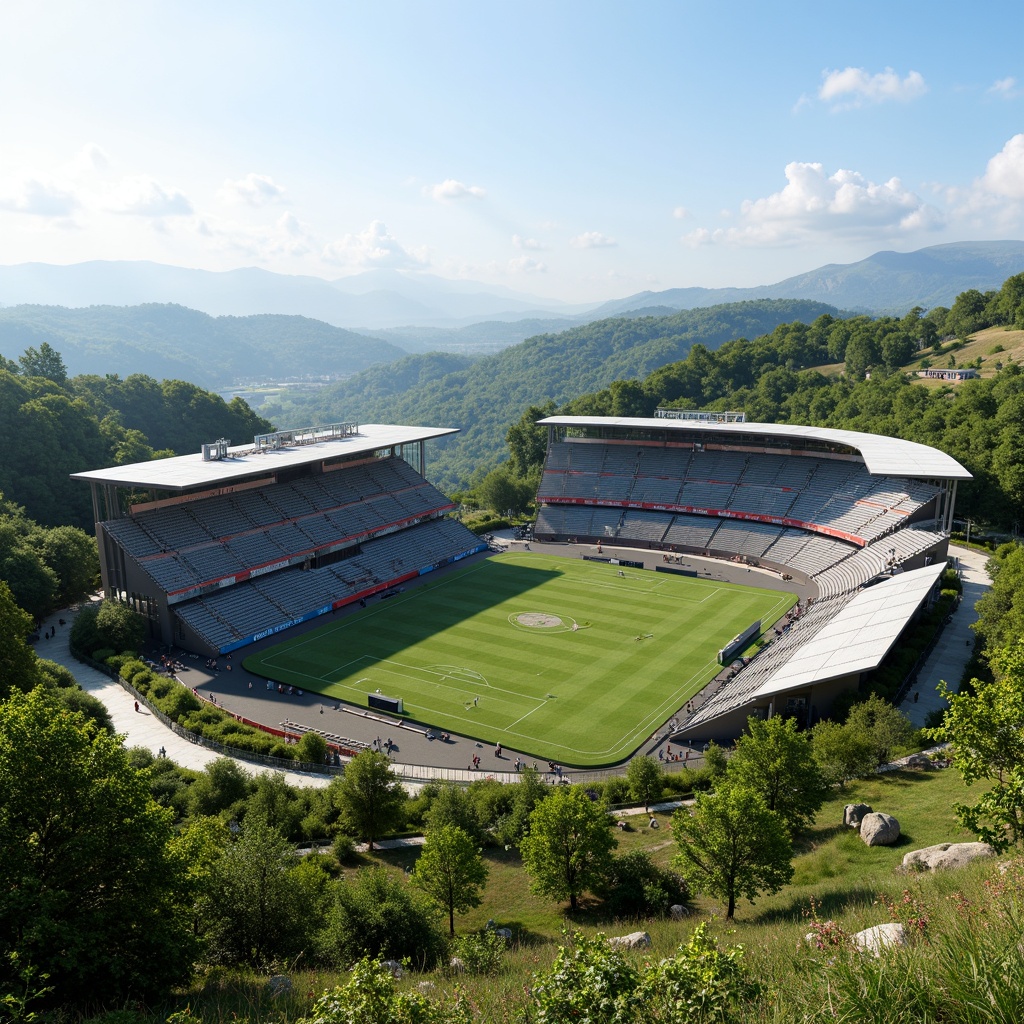 Prompt: Panoramic stadium view, lush green landscape, rolling hills, natural stone seating areas, verdant vegetation, winding walkways, modern curved architecture, sleek glass fa\u00e7ades, cantilevered rooflines, spacious concourses, vibrant colorful signage, dynamic LED lighting, shallow depth of field, 3/4 composition, realistic textures, ambient occlusion, sunny day, soft warm lighting.