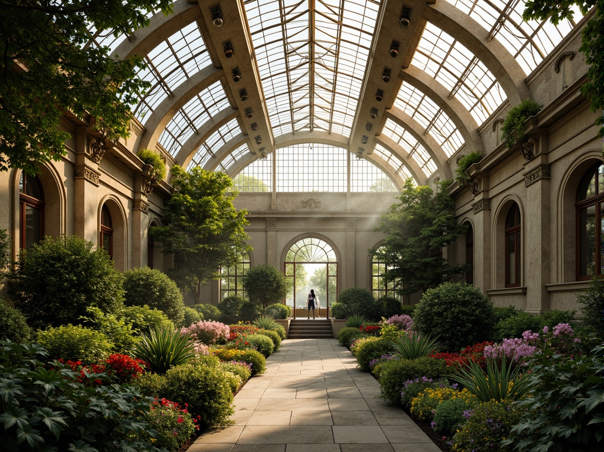 Prompt: Ornate greenhouse facade, intricately carved stone walls, grandiose Baroque architecture, lush greenery, vibrant flowers, curved glass roofs, ornamental metalwork, gilded details, soft warm lighting, shallow depth of field, 3/4 composition, panoramic view, realistic textures, ambient occlusion, tropical plants, exotic flowers, misty atmosphere, dew droplets on leaves, natural stone pathways, elegant fountains, serene ambiance.