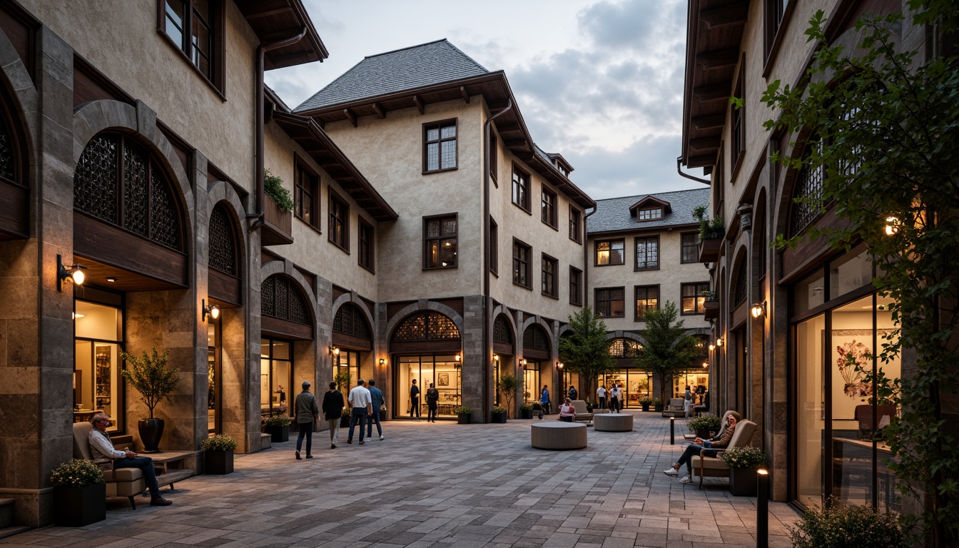 Prompt: Rustic market square, medieval-inspired architecture, Gothic arches, stone columns, stained glass windows, intricate carvings, ornate facades, sustainable materials, reclaimed wood, low-carbon concrete, recycled metal accents, earthy tone color palette, warm ambient lighting, dramatic shadows, 1/2 composition, atmospheric perspective, realistic textures, subtle weathering effects.