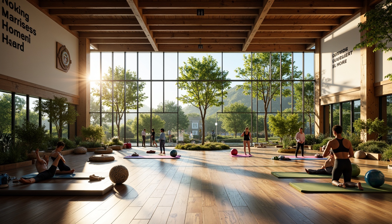 Prompt: Vibrant fitness club interior, large windows, natural lighting, wooden floors, mirrored walls, modern exercise equipment, free weights, yoga mats, fitness trackers, motivational quotes, refreshing greenery, calming water features, peaceful ambiance, soft warm lighting, shallow depth of field, 3/4 composition, panoramic view, realistic textures, ambient occlusion.