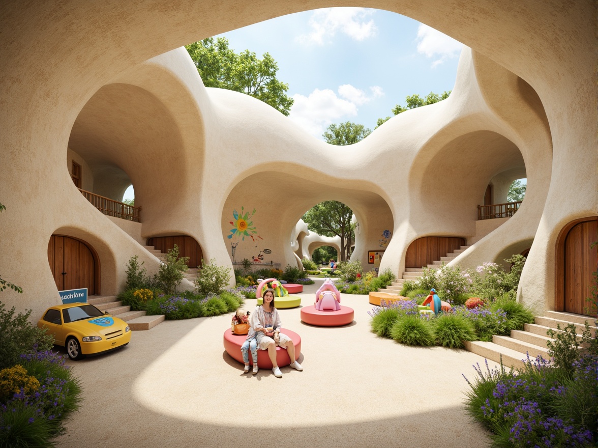 Prompt: Whimsical kindergarten, playful blob architecture, rounded organic shapes, soft pastel colors, natural wood accents, cozy reading nooks, vibrant flower patterns, educational murals, interactive play equipment, wavy lines, gentle curves, airy open spaces, abundant greenery, warm sunlight, shallow depth of field, 1/1 composition, panoramic view, realistic textures, ambient occlusion.