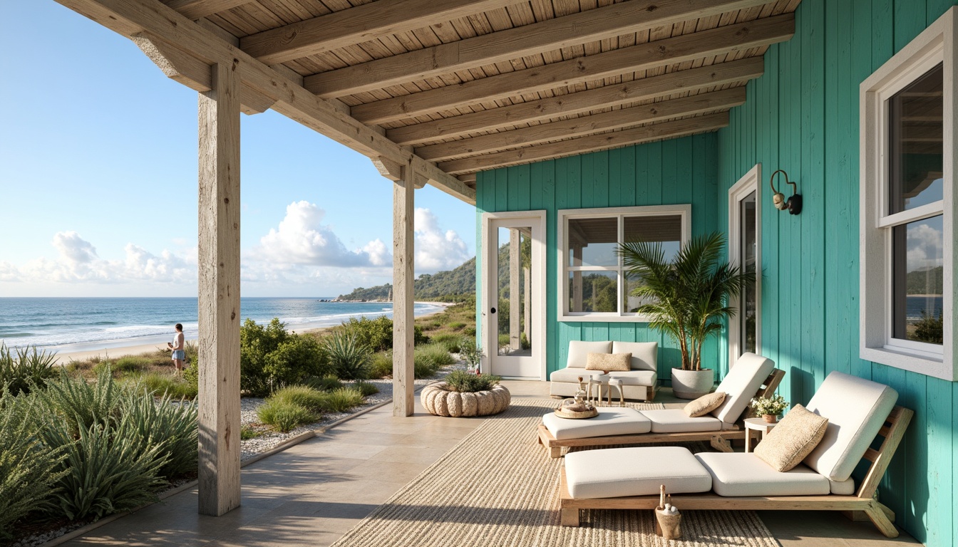 Prompt: Vibrant coastal cottage, distressed wood accents, beachy turquoise walls, crisp white trim, natural linen fabrics, woven sea grass textures, driftwood decor, coral-inspired patterns, sunny day, soft warm lighting, shallow depth of field, 1/2 composition, panoramic view, realistic ocean waves, ambient occlusion.