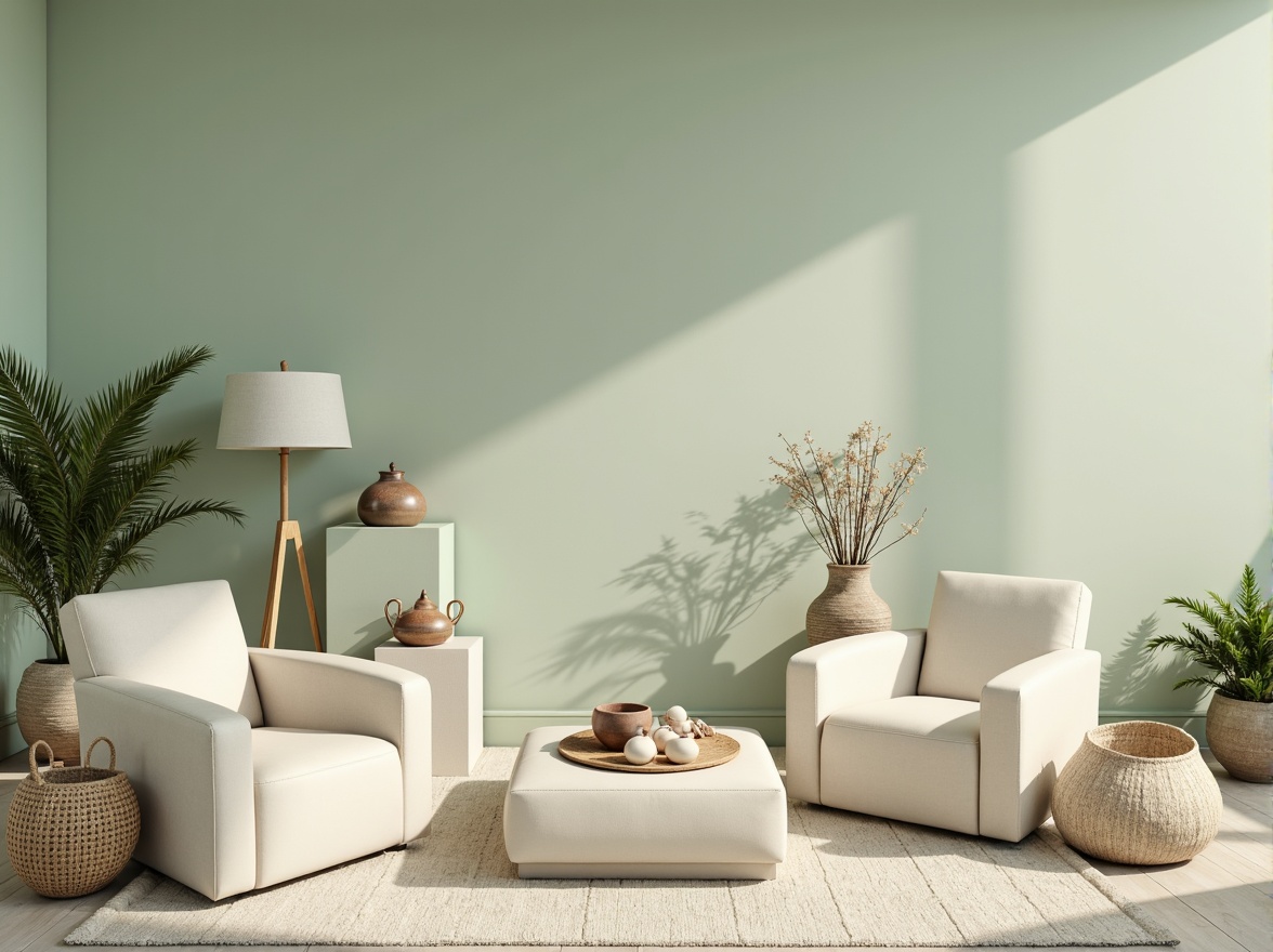 Prompt: Soft celadon hues, calming atmosphere, gentle curves, minimalist decor, cream-colored furniture, natural textiles, woven baskets, earthy ceramics, subtle metallic accents, soft warm lighting, shallow depth of field, 1/1 composition, intimate view, realistic materials, ambient occlusion, serene ambiance, peaceful setting.