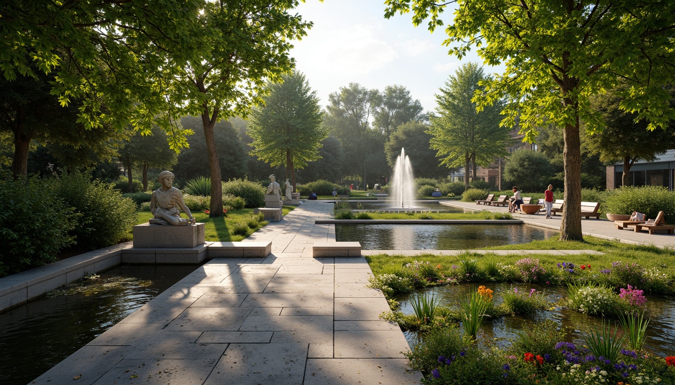 Prompt: Seren memorial gardens, harmonious water features, natural stone pathways, lush greenery, vibrant flowers, tranquil ponds, contemplative seating areas, historic memorials, solemn statues, peaceful atmosphere, soft warm lighting, subtle misting systems, shallow depth of field, 3/4 composition, panoramic view, realistic textures, ambient occlusion.