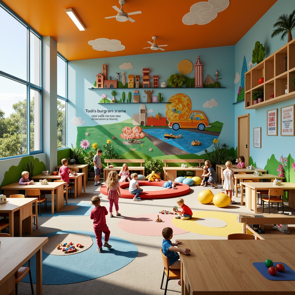 Prompt: Vibrant kindergarten, playful furniture, colorful murals, interactive displays, sensory play areas, building blocks, educational toys, collaborative learning spaces, flexible seating arrangements, natural light-filled classrooms, wooden tables, ergonomic chairs, inspirational quotes, motivational posters, stimulating textures, dynamic lighting systems, shallow depth of field, 1/1 composition, realistic rendering.