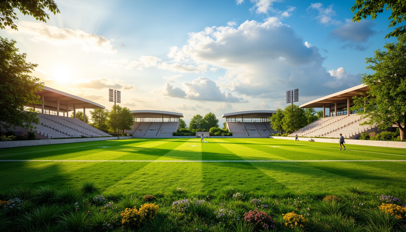 Prompt: Vibrant sports field, lush green grass, natural lighting, open sky, cloud formations, sun rays, warm ambiance, energy-efficient design, sustainable architecture, eco-friendly materials, organic textures, earthy tones, curved lines, dynamic shapes, modern facilities, athletic tracks, soccer fields, basketball courts, tennis courts, grandstands, spectator seating, shading systems, overhangs, cantilevered roofs, clerestory windows, skylights, reflective surfaces, soft shadows, 3/4 composition, panoramic view, realistic textures.